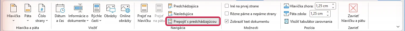 Karta Záhlaví a zápatí ve Wordu se zvýrazněným tlačítkem Propojit s předchozím