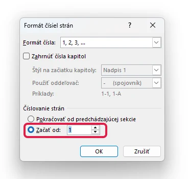Dialogové okno Formát číslování stránek se zvýrazněným přepínačem Začít od nastaveným na hodnotu 1